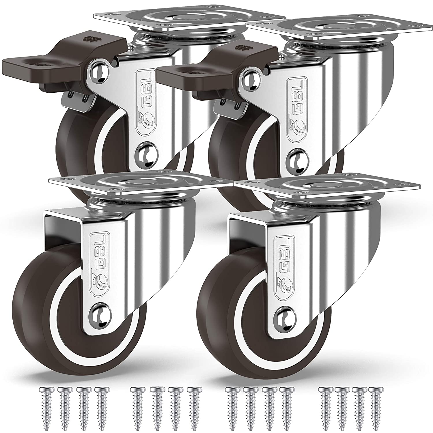 GBL | 50mm Castor Wheels with brakes + Screws | 200KG | 4 Heavy Duty Furniture Wheels | Trolley Casters