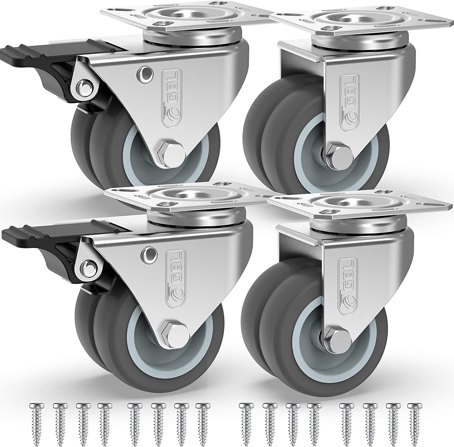 GBL | 50mm Casters with brakes + Screws | 400KG | 4 Heavy Duty Furniture Wheels | Trolley Castor Wheels
