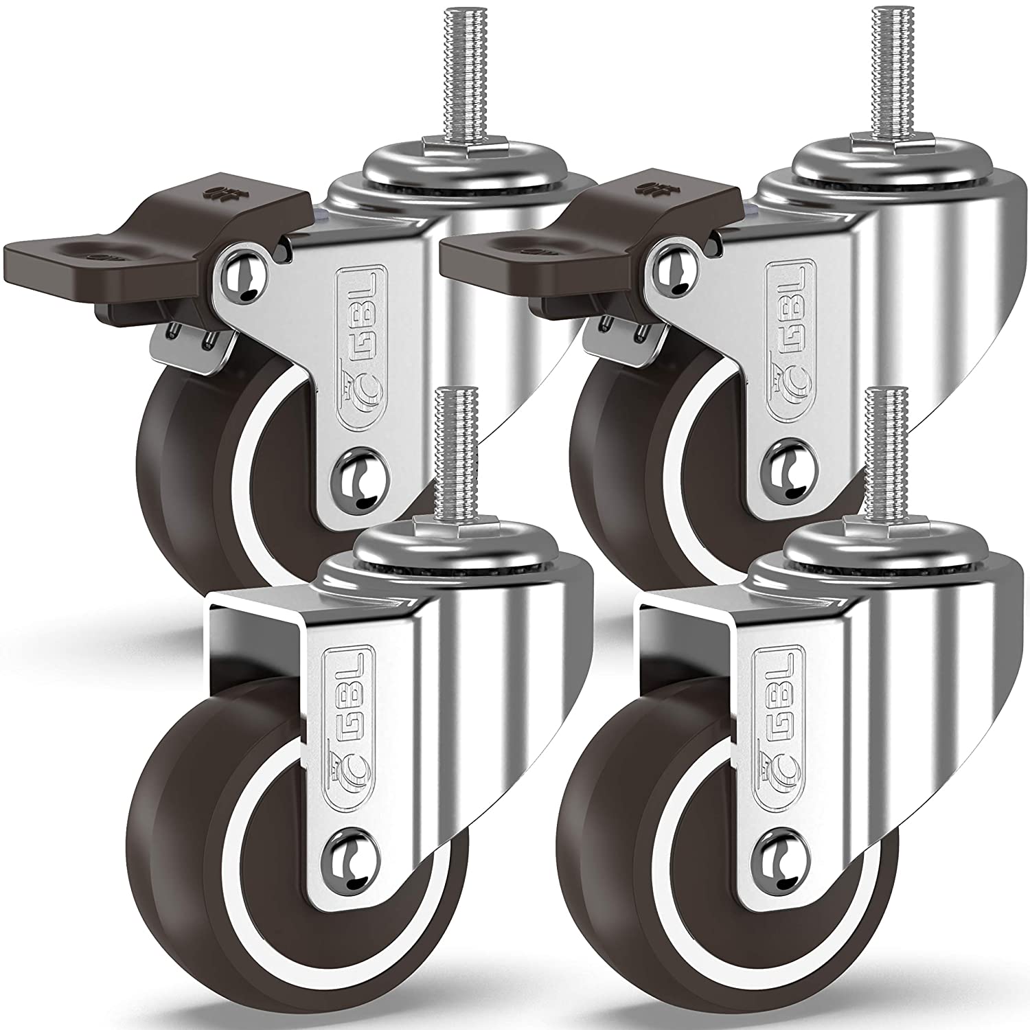GBL | 50mm Stem Threaded Castor Wheels with brakes M10x15mm | 200KG | 4 Heavy Duty Furniture Wheels | Trolley Casters