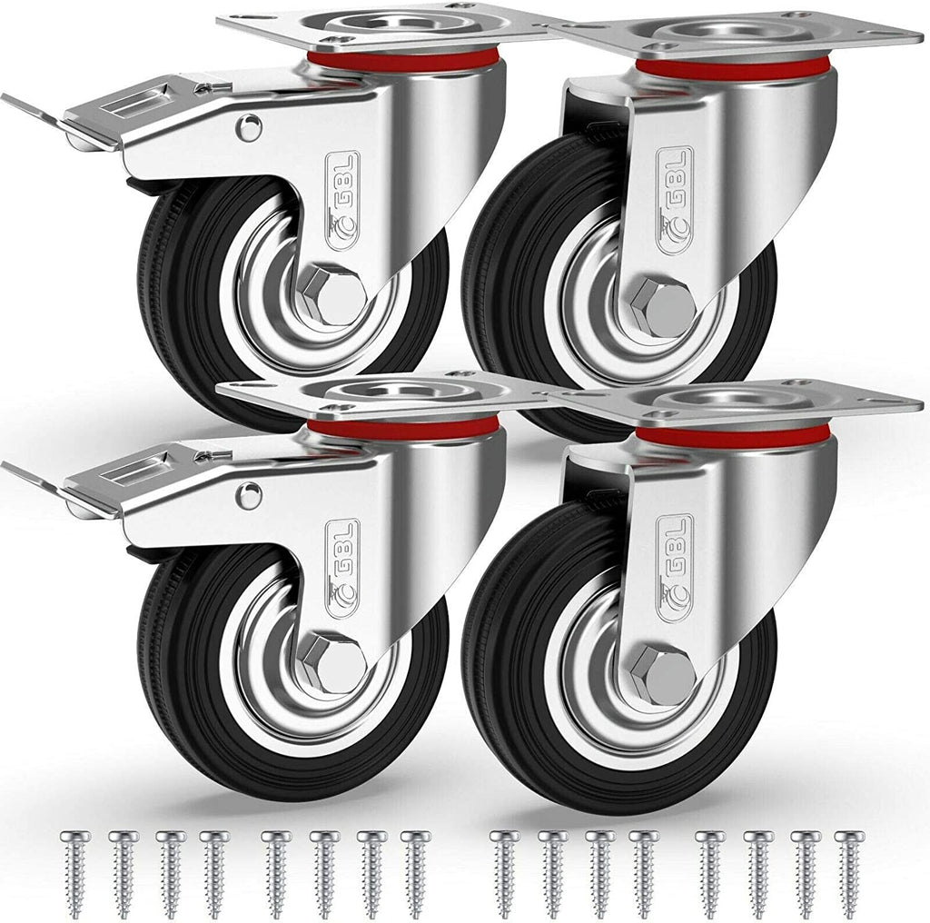 GBL | Castor Wheels 75mm + Screws | 200KG | 4 Heavy Duty Furniture Wheels | Trolley Wheels