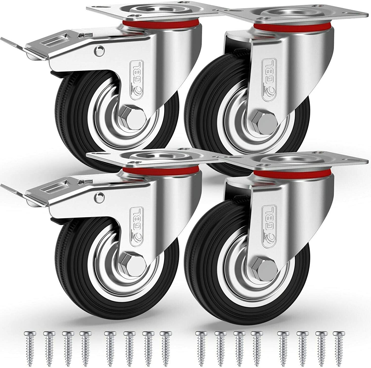 GBL | Castor Wheels 75mm + Screws | 200KG | 4 Heavy Duty Furniture Wheels | Trolley Wheels