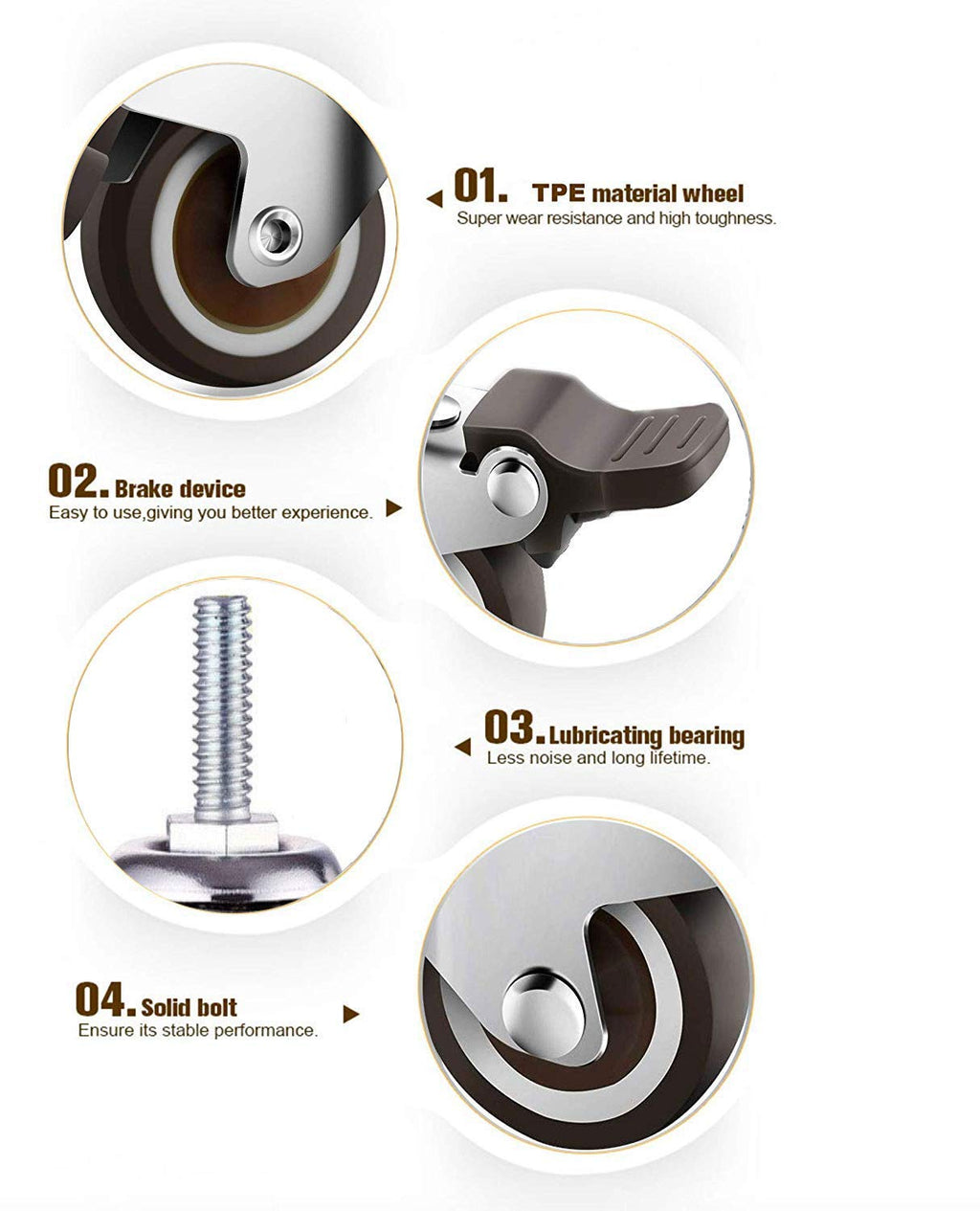 GBL | 25mm Stem Threaded Caster Wheels with brakes M6x15mm | 40KG | 4 Heavy Duty Furniture Wheels | Trolley Castors