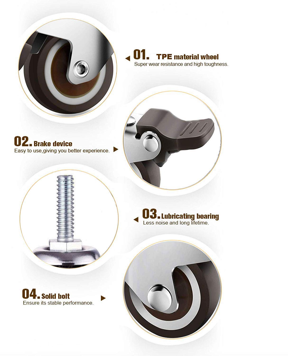 GBL | 25mm Stem Threaded Caster Wheels with brakes M6x15mm | 40KG | 4 Heavy Duty Furniture Wheels | Trolley Castors