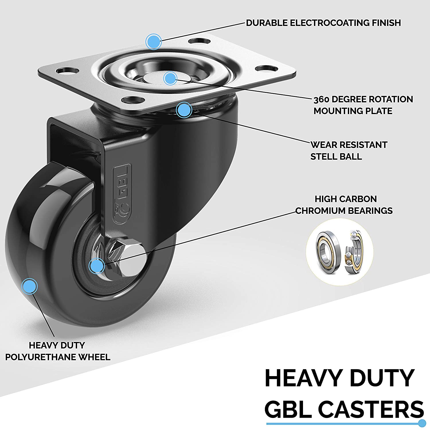 GBL | Castor Wheels 50mm + Screws | 200KG | 4 Heavy Duty Furniture Wheels | Trolley Castors
