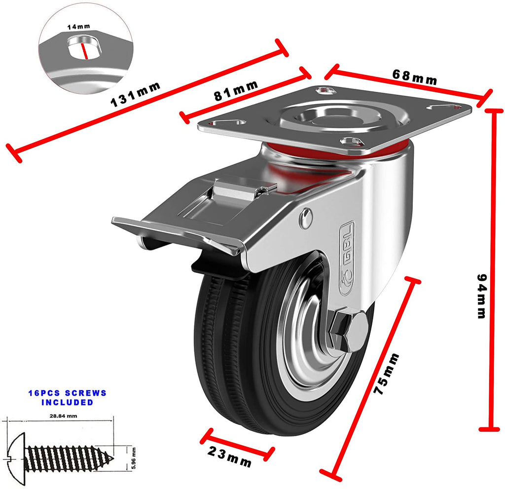 GBL | Castor Wheels 75mm + Screws | 200KG | 4 Heavy Duty Furniture Wheels | Trolley Wheels