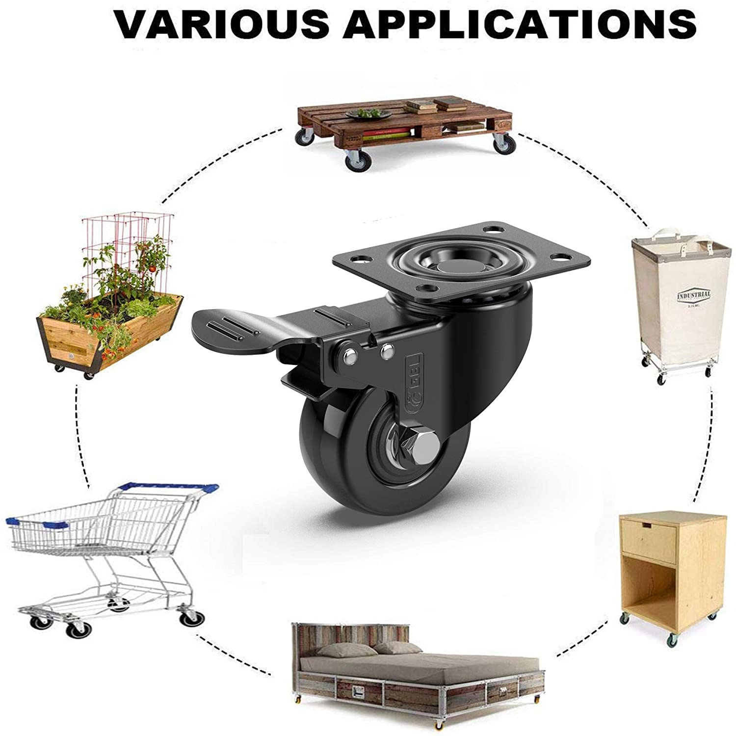 GBL | 50mm Caster Wheels with brakes + Screws | 200KG | 4 Heavy Duty Furniture Wheels | Trolley Castor Wheels