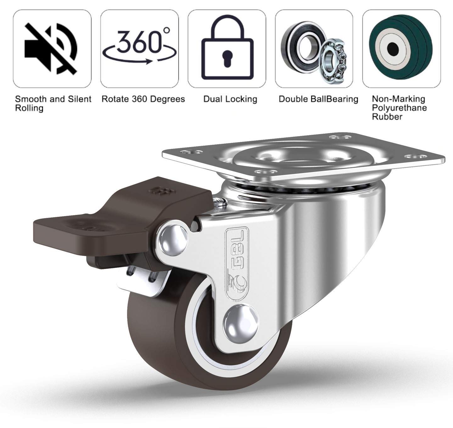 GBL | 25mm Castor Wheels with brakes + Screws | 40KG | 4 Low Profile Furniture Wheels | Casters for moving furniture