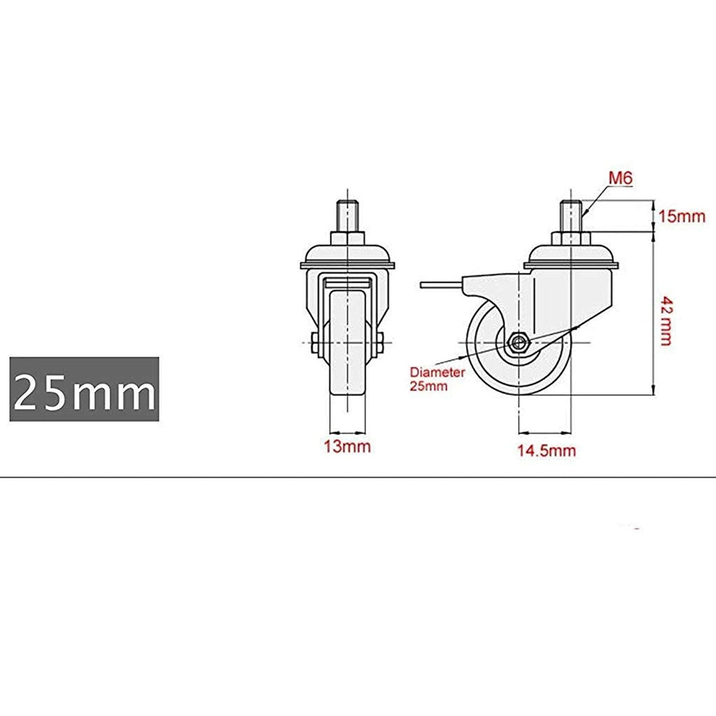 GBL | 25mm Stem Threaded Caster Wheels with brakes M6x15mm | 40KG | 4 Heavy Duty Furniture Wheels | Trolley Castors