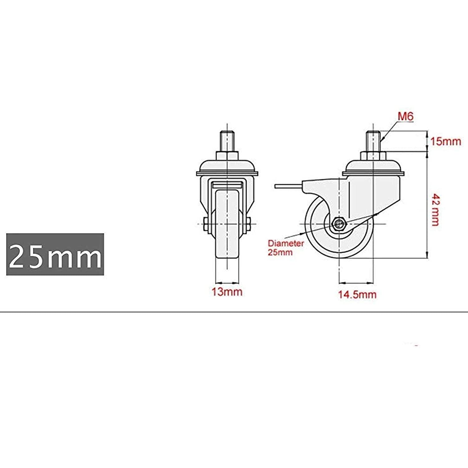 GBL | 25mm Stem Threaded Caster Wheels with brakes M6x15mm | 40KG | 4 Heavy Duty Furniture Wheels | Trolley Castors