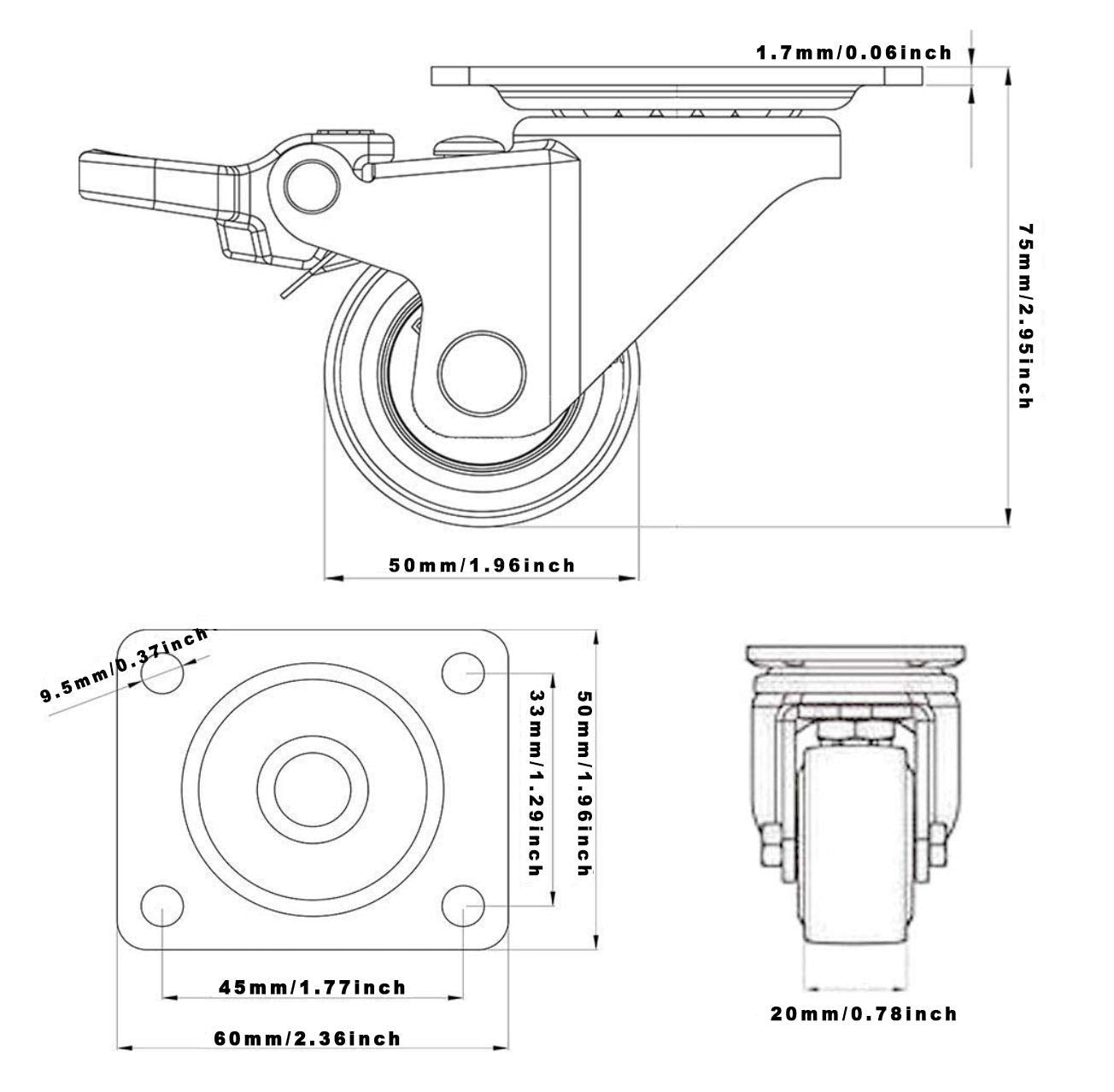 GBL | 50mm Castor Wheels with brakes + Screws | 200KG | 4 Heavy Duty Furniture Wheels | Trolley Casters