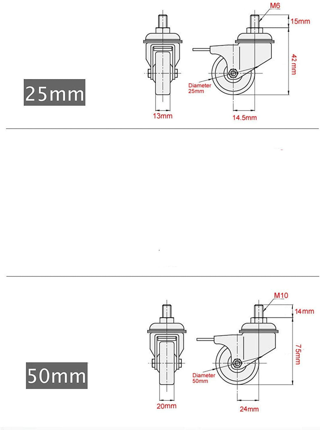 GBL | 50mm Stem Threaded Castor Wheels with brakes M10x15mm | 200KG | 4 Heavy Duty Furniture Wheels | Trolley Casters