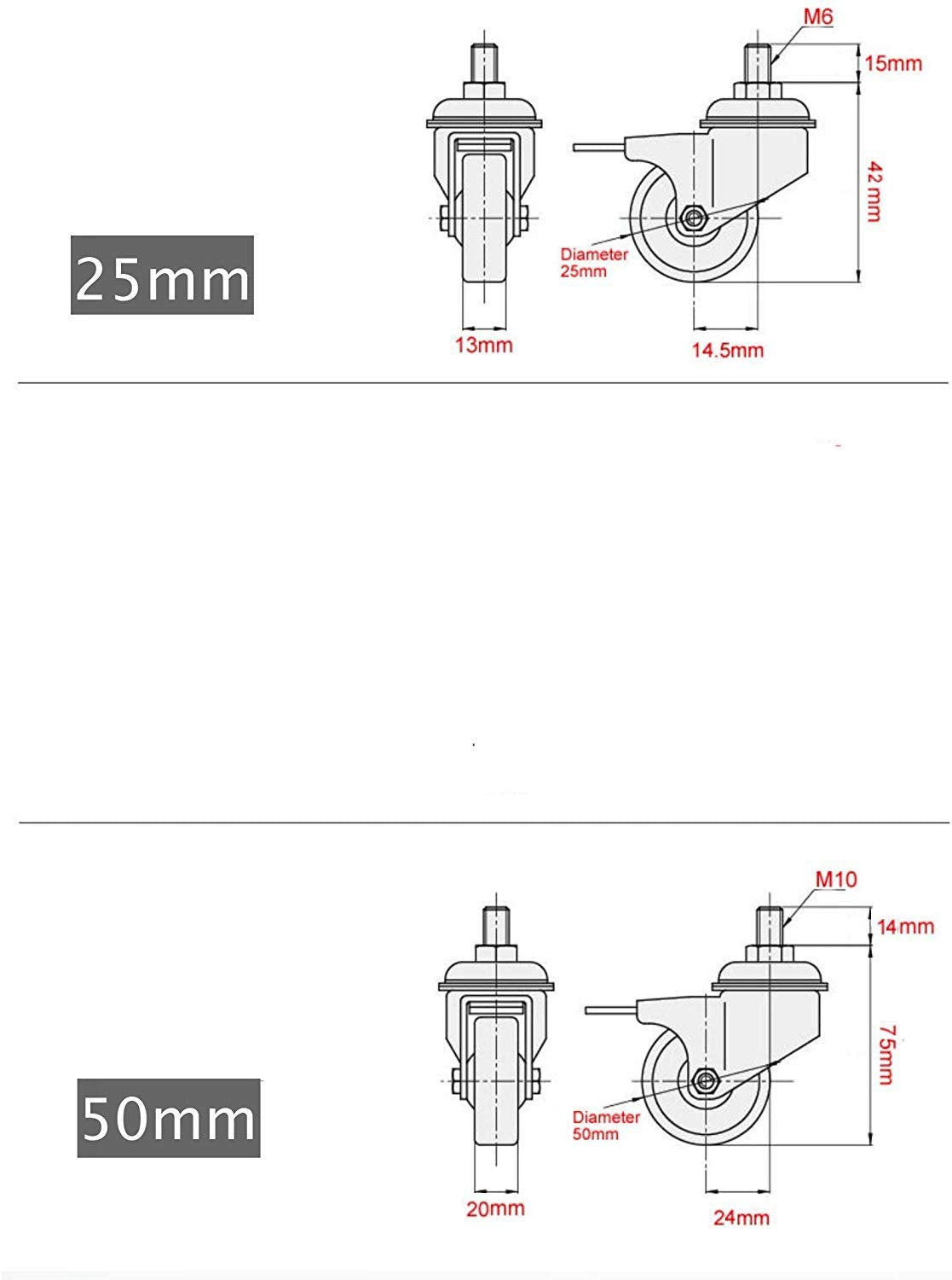 GBL | 50mm Stem Threaded Castor Wheels with brakes M10x15mm | 200KG | 4 Heavy Duty Furniture Wheels | Trolley Casters