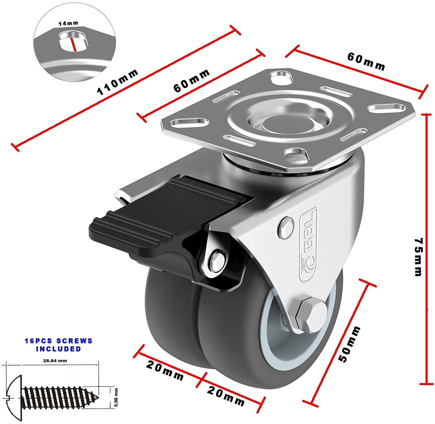 GBL | 50mm Casters with brakes + Screws | 400KG | 4 Heavy Duty Furniture Wheels | Trolley Castor Wheels