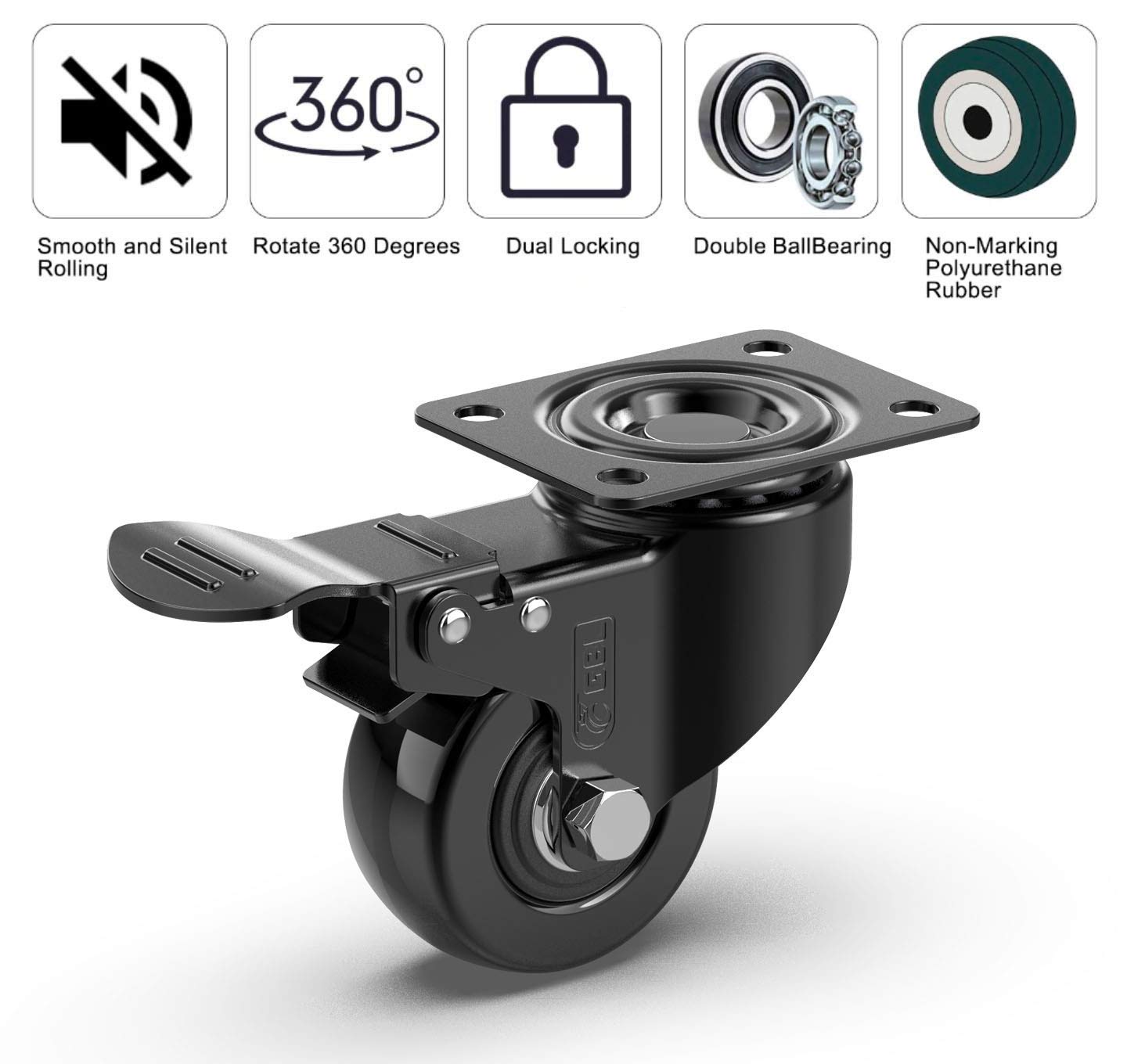 GBL | 50mm Caster Wheels with brakes + Screws | 200KG | 4 Heavy Duty Furniture Wheels | Trolley Castor Wheels
