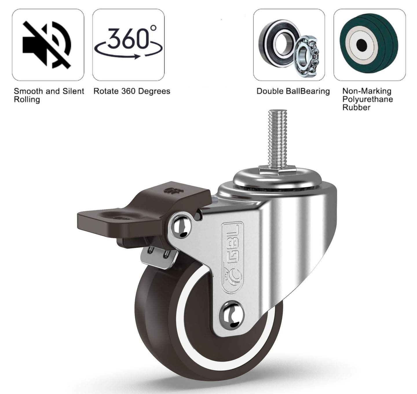 GBL | 50mm Stem Threaded Castor Wheels with brakes M10x15mm | 200KG | 4 Heavy Duty Furniture Wheels | Trolley Casters