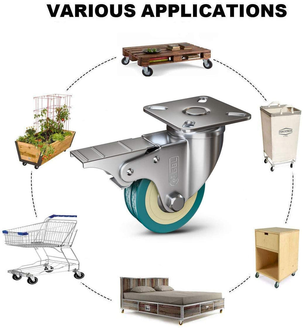 GBL | 50mm Castor Wheels with brakes + Screws | 200KG | 4 Heavy Duty Furniture Wheels | Trolley Caster Wheels