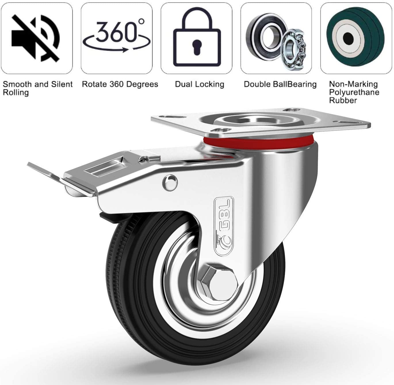 GBL | Castor Wheels 75mm + Screws | 200KG | 4 Heavy Duty Furniture Wheels | Trolley Wheels