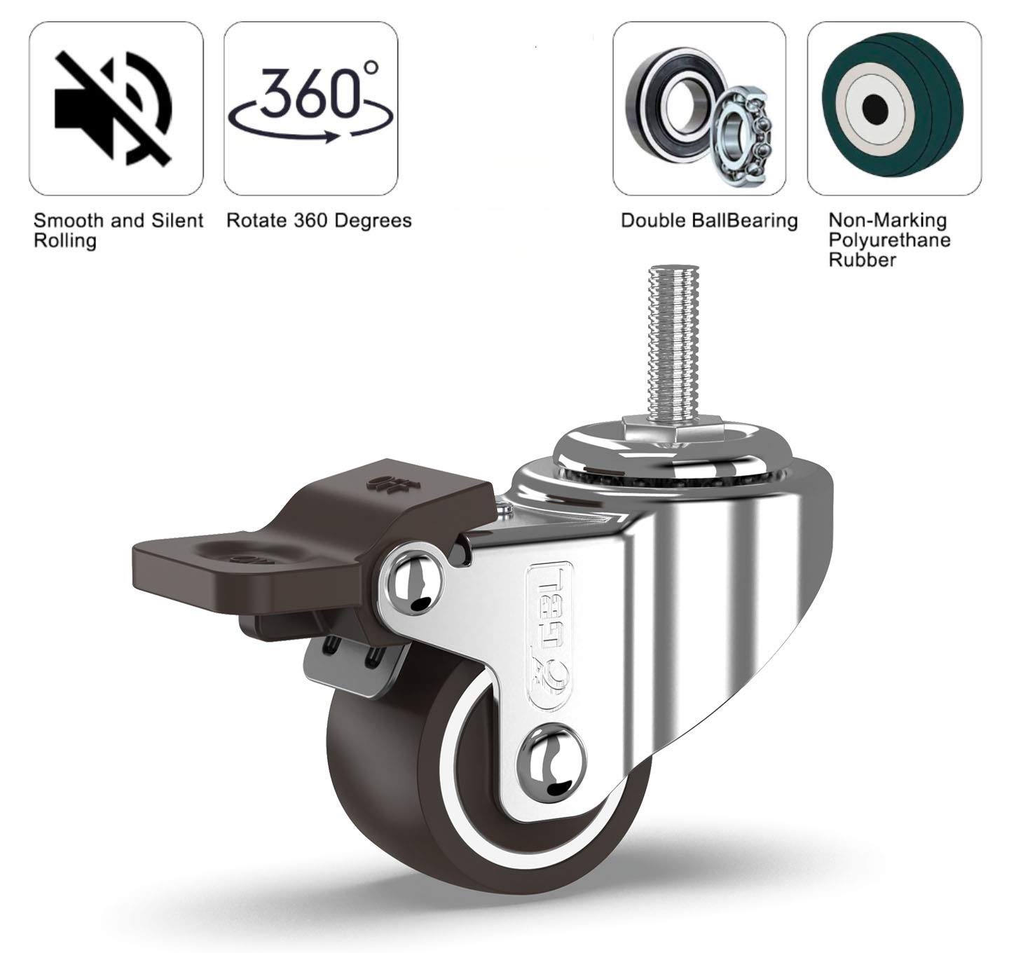 GBL | 25mm Stem Threaded Caster Wheels with brakes M6x15mm | 40KG | 4 Heavy Duty Furniture Wheels | Trolley Castors