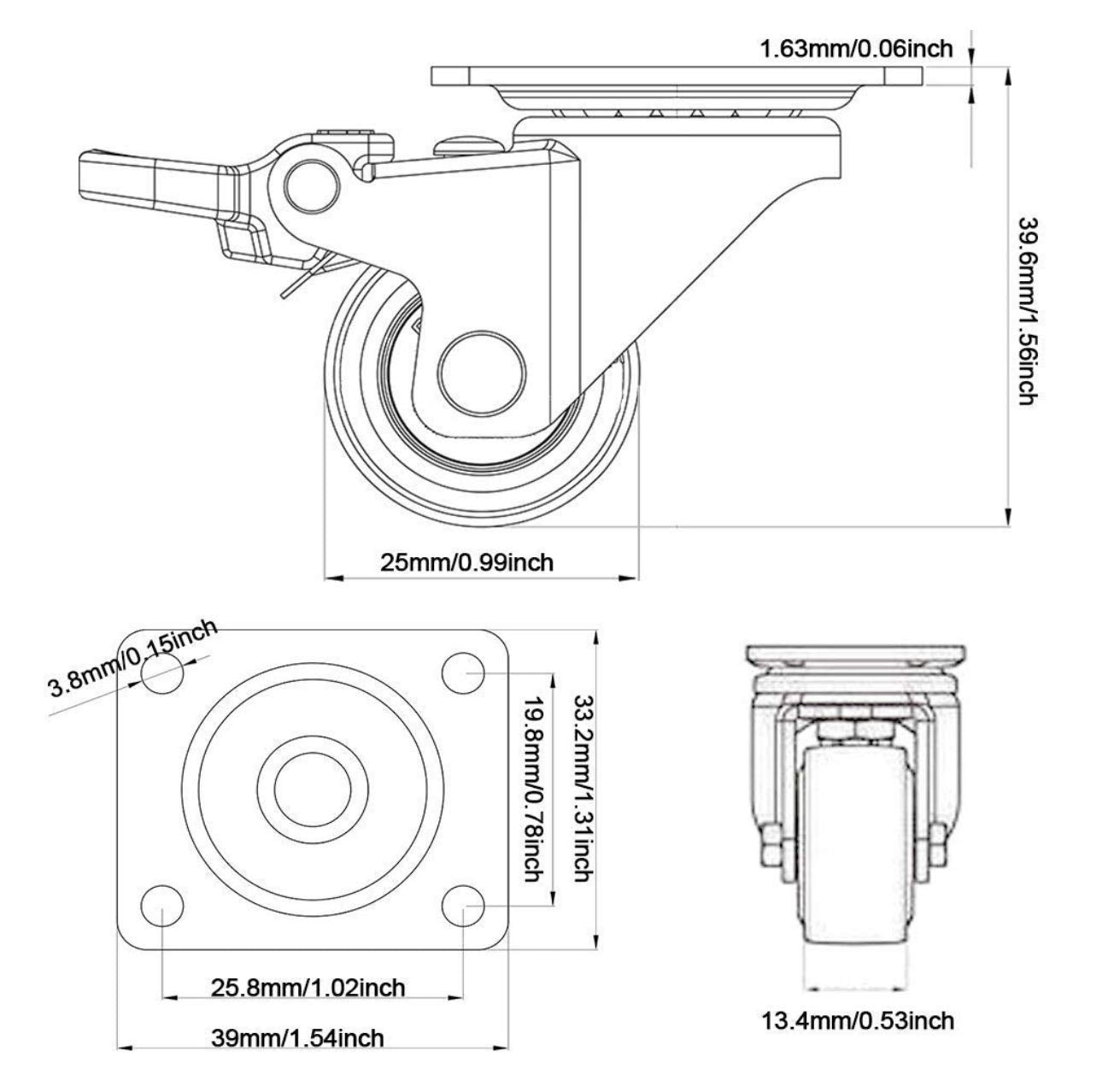 GBL | 25mm Castor Wheels with brakes + Screws | 40KG | 4 Low Profile Furniture Wheels | Casters for moving furniture