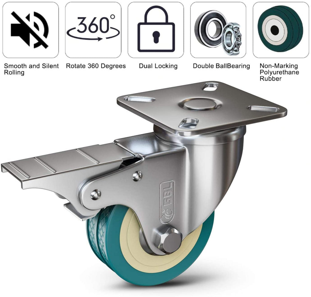 GBL | 50mm Castor Wheels with brakes + Screws | 200KG | 4 Heavy Duty Furniture Wheels | Trolley Caster Wheels