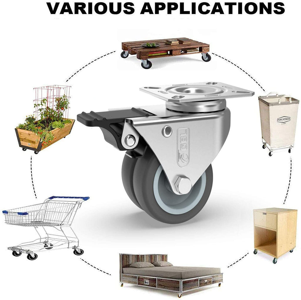 GBL | 50mm Casters with brakes + Screws | 400KG | 4 Heavy Duty Furniture Wheels | Trolley Castor Wheels
