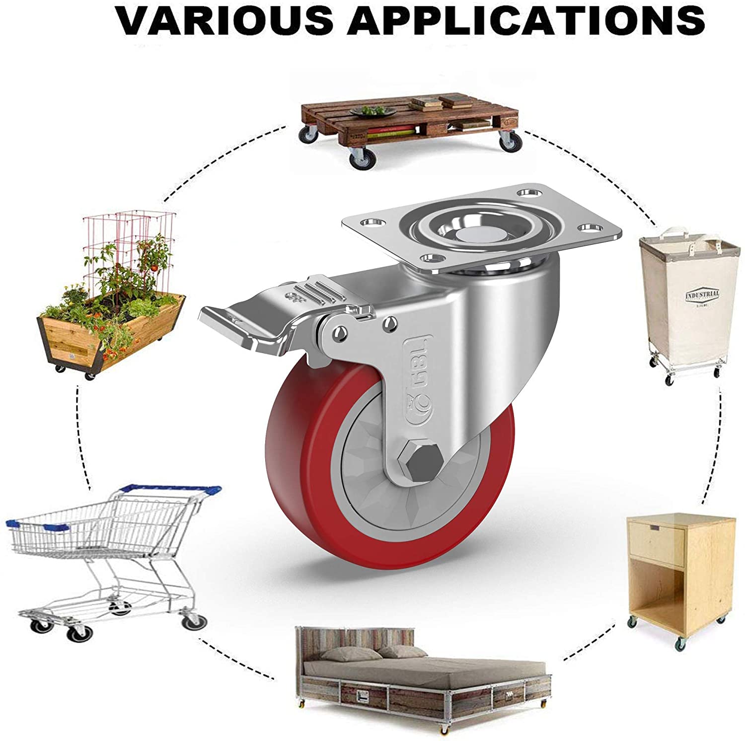 GBL | Castor Wheels with brake 100mm + Bolt Screws | 600KG | 4 Heavy Duty Furniture Wheels | Workbench Casters Wheels