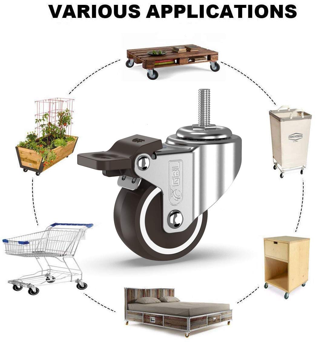 GBL | 50mm Stem Threaded Castor Wheels with brakes M10x15mm | 200KG | 4 Heavy Duty Furniture Wheels | Trolley Casters