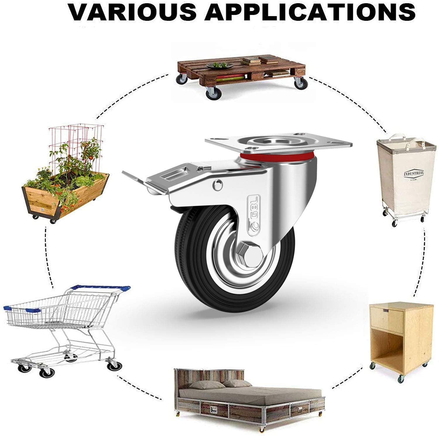 GBL | Castor Wheels 75mm + Screws | 200KG | 4 Heavy Duty Furniture Wheels | Trolley Wheels