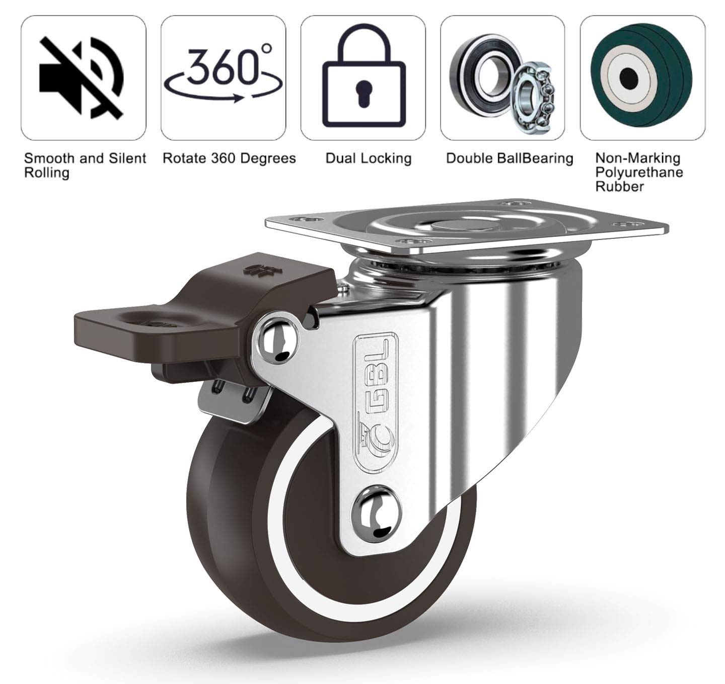 GBL | 50mm Castor Wheels with brakes + Screws | 200KG | 4 Heavy Duty Furniture Wheels | Trolley Casters