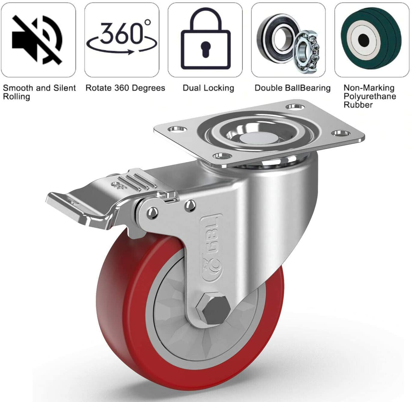 GBL | Castor Wheels with brake 100mm + Bolt Screws | 600KG | 4 Heavy Duty Furniture Wheels | Workbench Casters Wheels