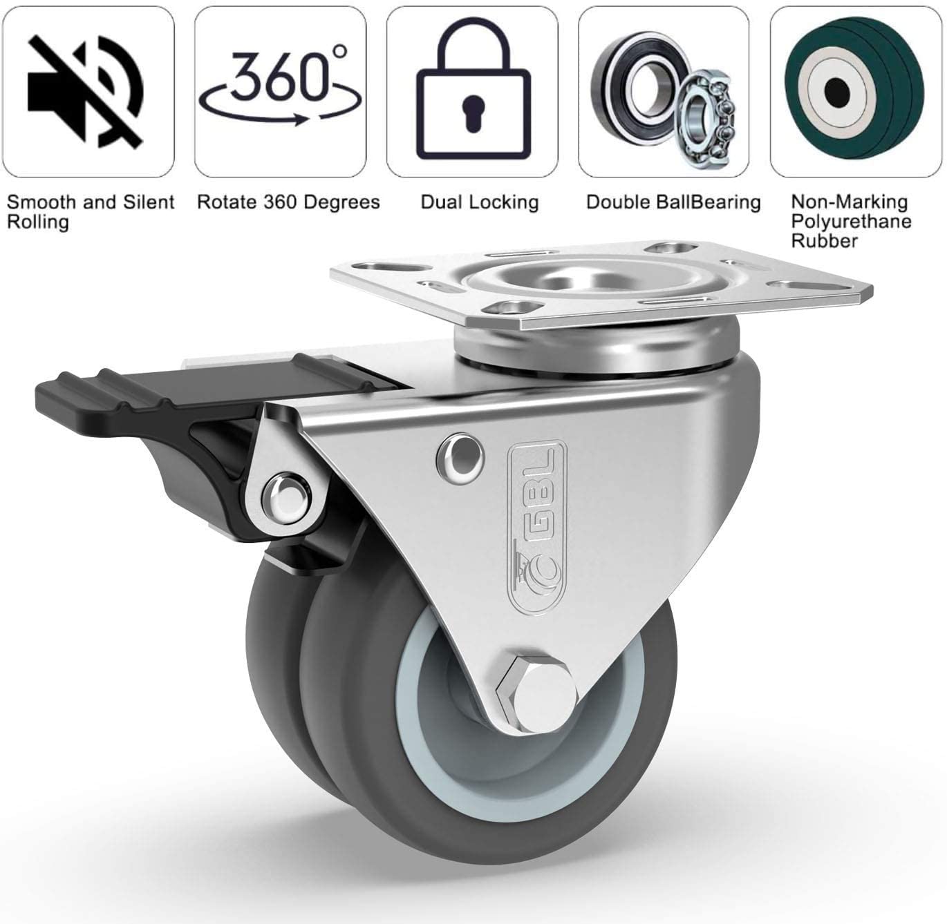 GBL | 50mm Casters with brakes + Screws | 400KG | 4 Heavy Duty Furniture Wheels | Trolley Castor Wheels