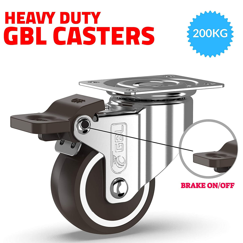 GBL | 50mm Castor Wheels with brakes + Screws | 200KG | 4 Heavy Duty Furniture Wheels | Trolley Casters