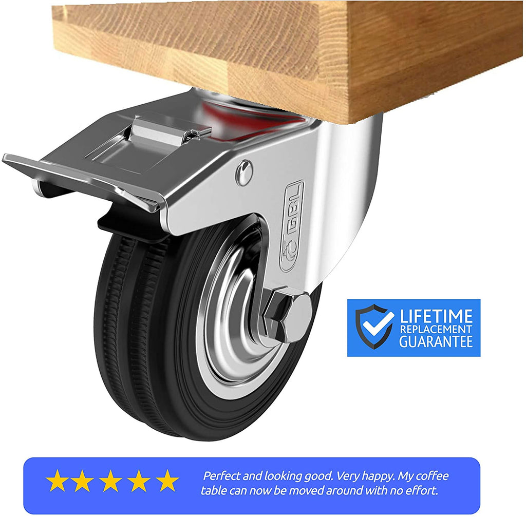 GBL | Castor Wheels 75mm + Screws | 200KG | 4 Heavy Duty Furniture Wheels | Trolley Wheels