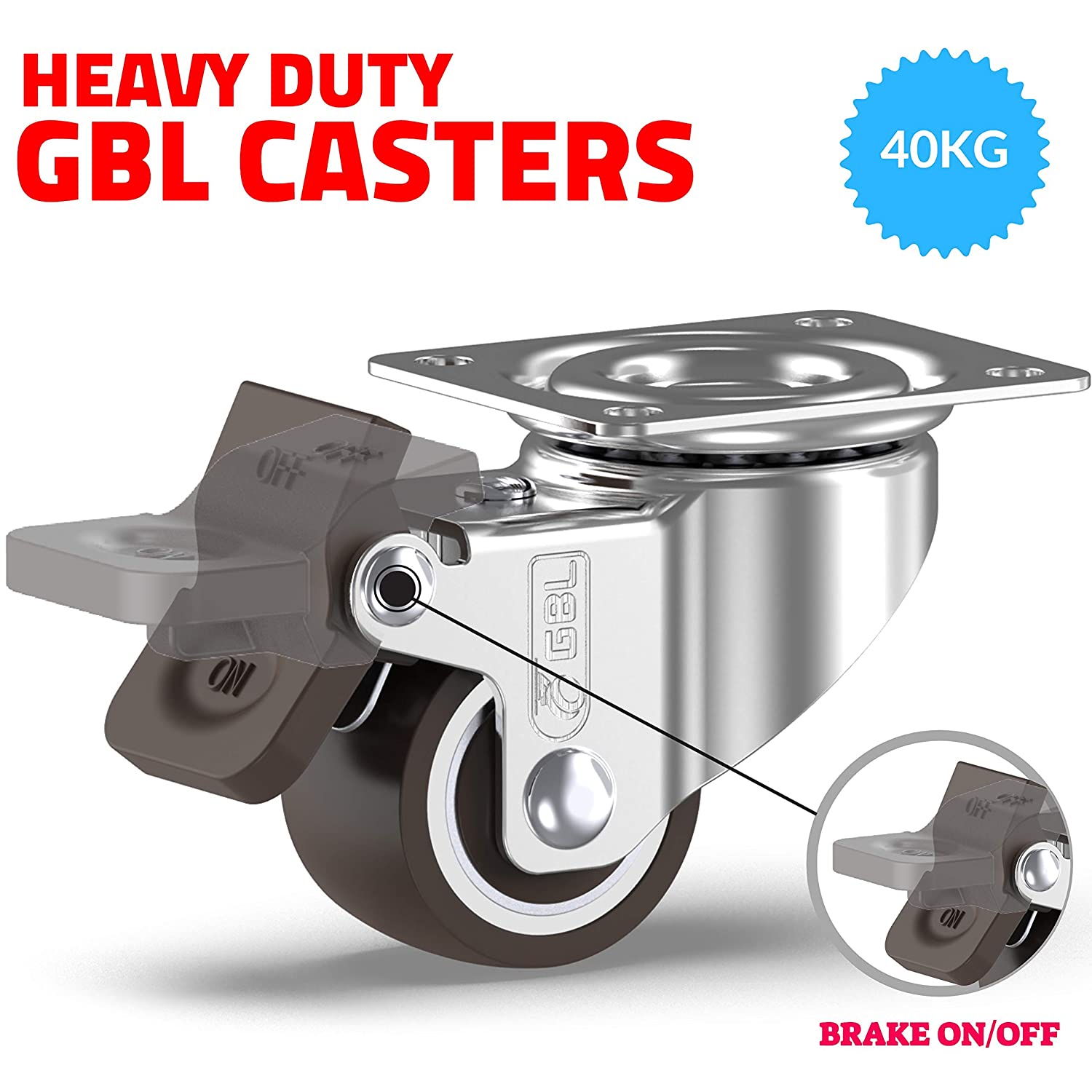 GBL | 25mm Castor Wheels with brakes + Screws | 40KG | 4 Low Profile Furniture Wheels | Casters for moving furniture