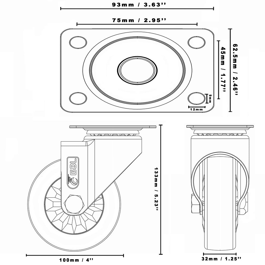 GBL | 100mm Castor Wheels + Bolt Screws | 600KG | 4 Heavy Duty Furniture Wheels | Workbench Castors
